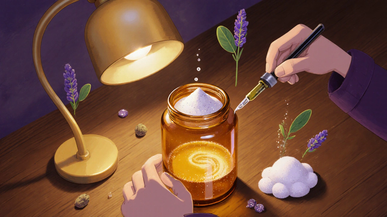Animated hands stir amber bottle as Allantoin powder dissolves, with lavender and tea‑tree droplets.