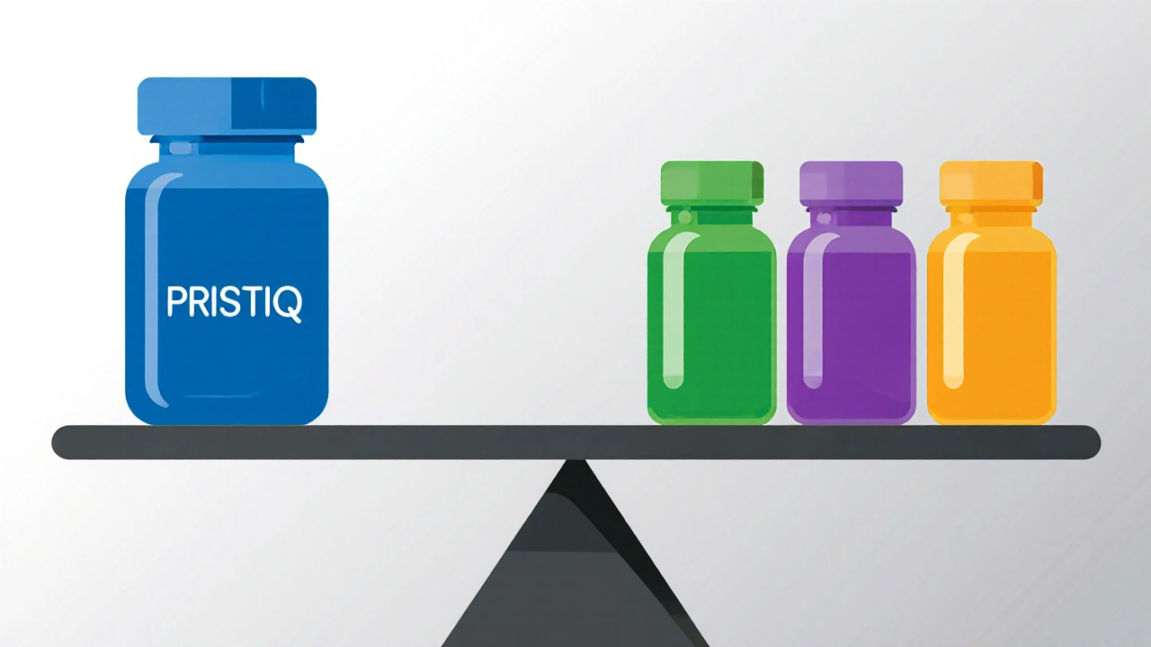 Balanced scale displaying different colored pill bottles representing various antidepressants.