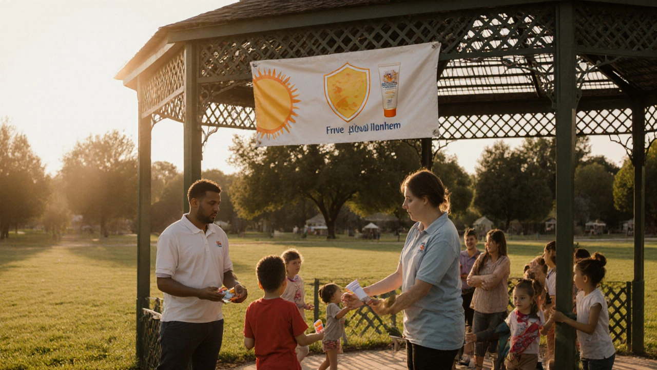 Community park with shade structure, volunteers handing out sunscreen, families under shelter.