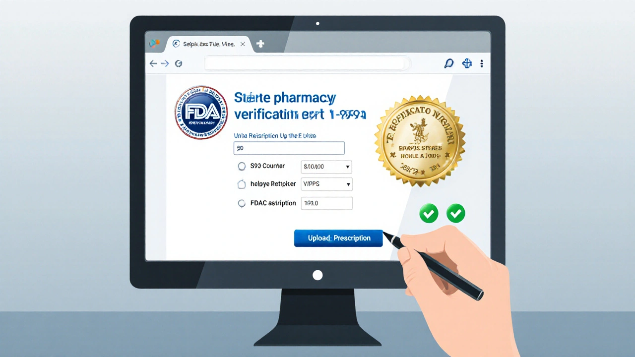 Computer screen displaying FDA and VIPPS verification badges with prescription upload.