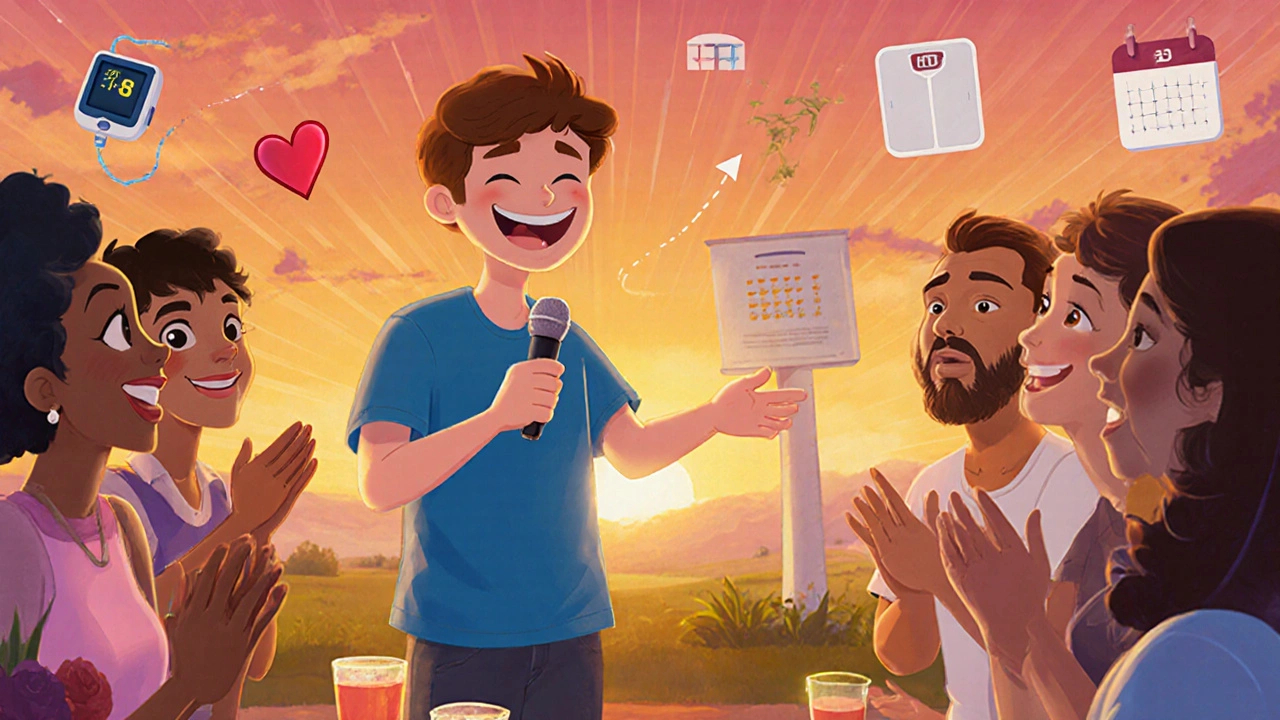 Confident young adult speaking at a gathering, friends cheering, in DreamWorks cartoon style.