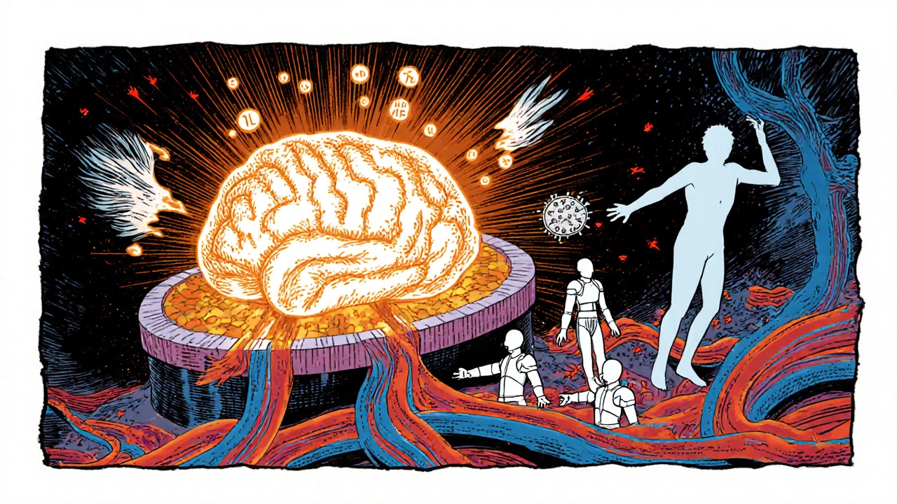Cross‑section of body showing hypothalamus, cytokines, and immune cells during fever.