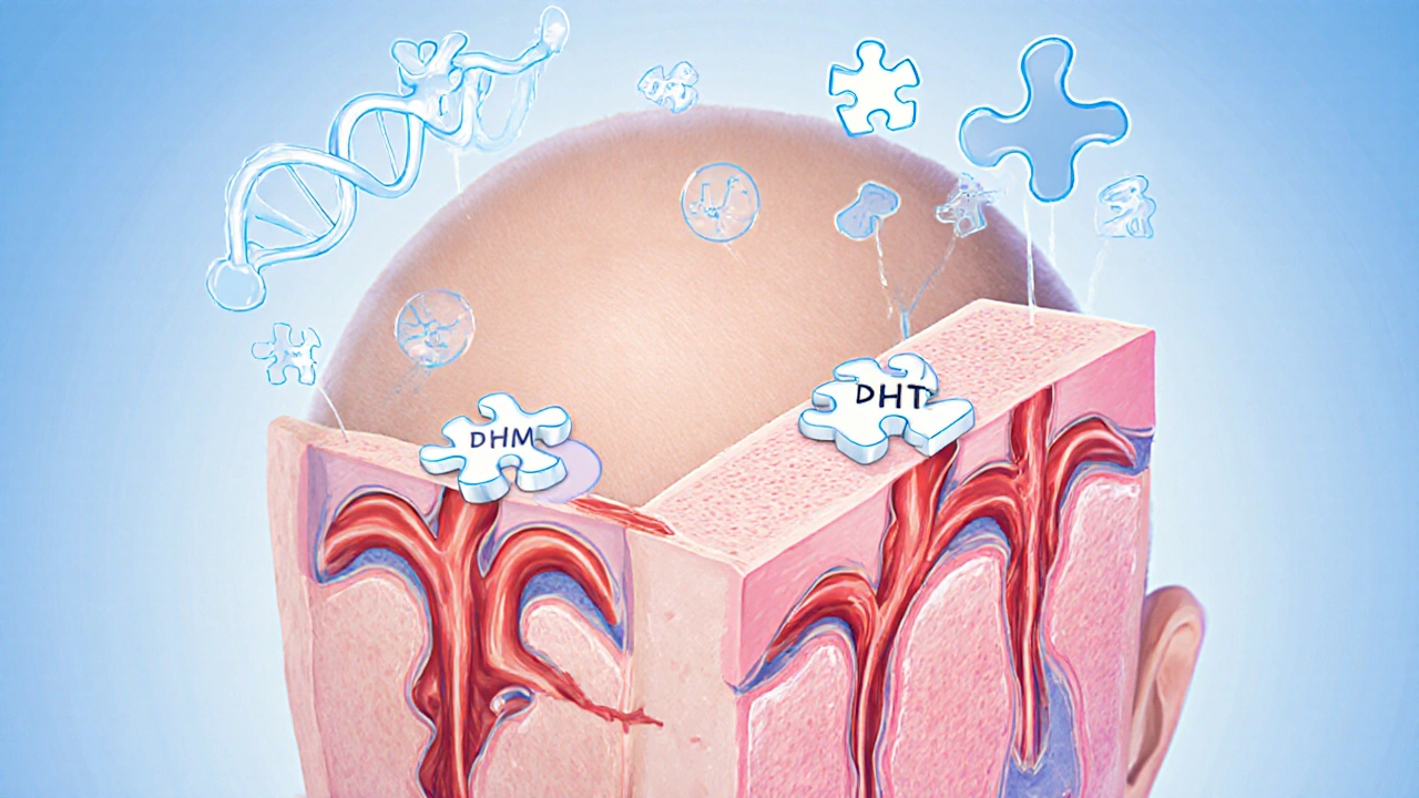 Cross‑section of scalp showing blood vessels and DHT blockage around hair follicles.