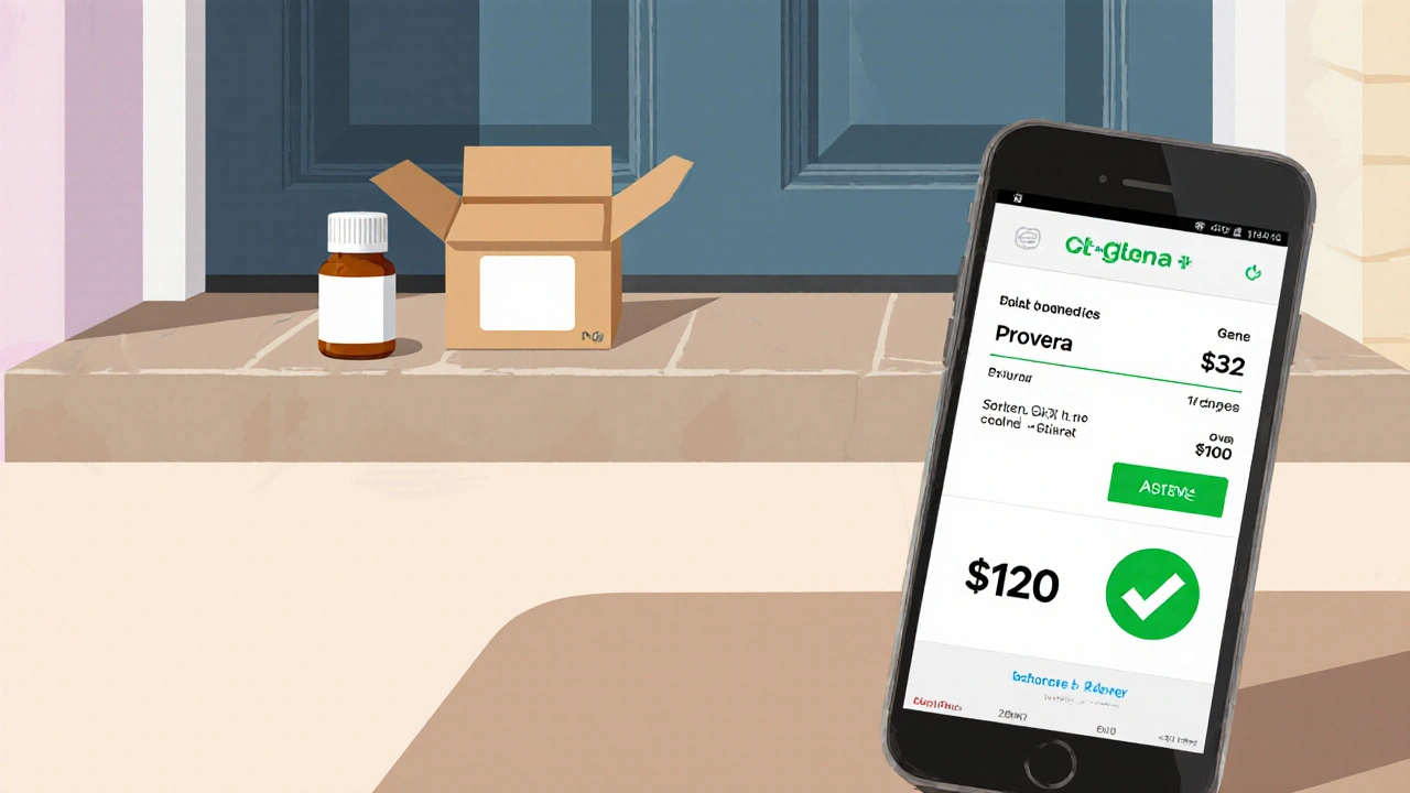 Delivery box on porch revealing Generic Provera bottle and phone showing price comparison.