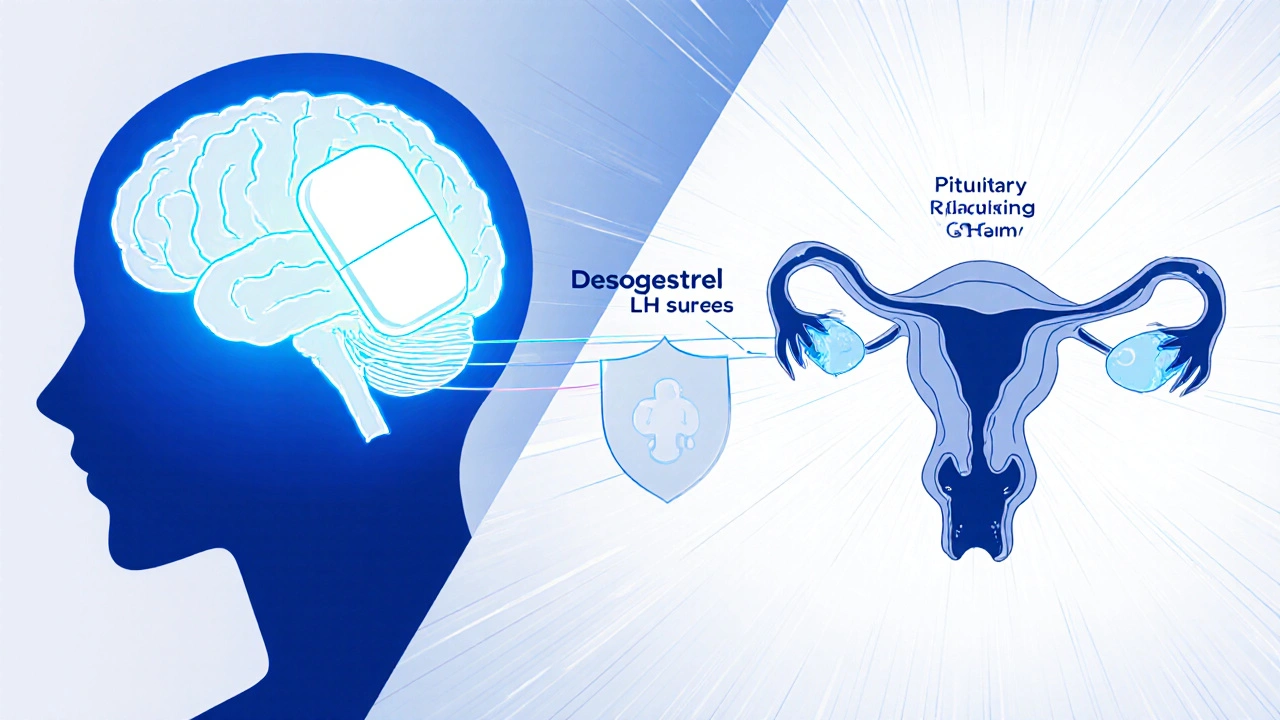 Diagram shows estrogen pill affecting brain, pituitary and ovaries, illustrating hormone suppression.