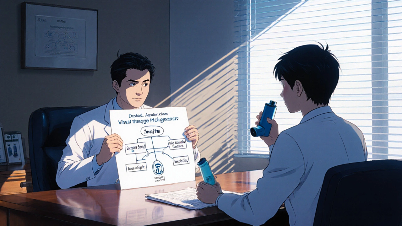 Doctor and patient discuss inhaler options, with a decision tree chart and inhalers in hand.