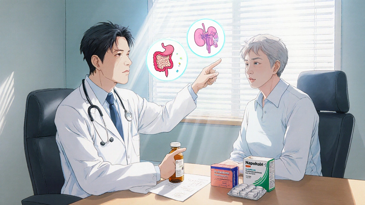 Doctor and patient discuss NSAID options with icons of stomach, heart, and kidney.