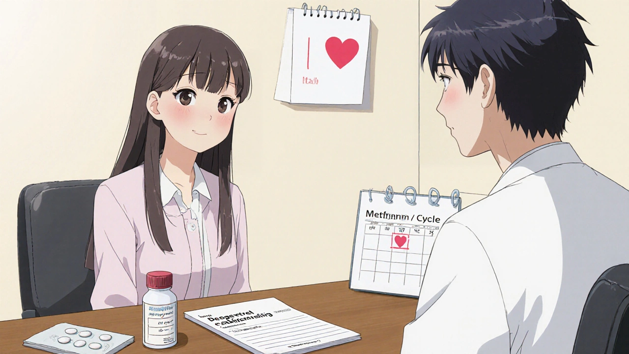 Doctor and patient discuss prescription; patient smiles with clear skin, calendar shows regular cycles.