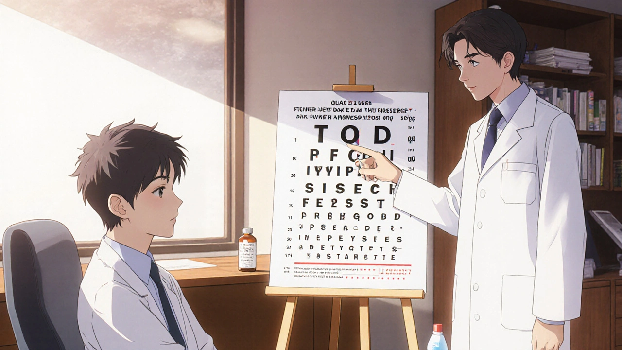 Doctor and patient reviewing a visual‑field chart while discussing Latanoprost treatment.
