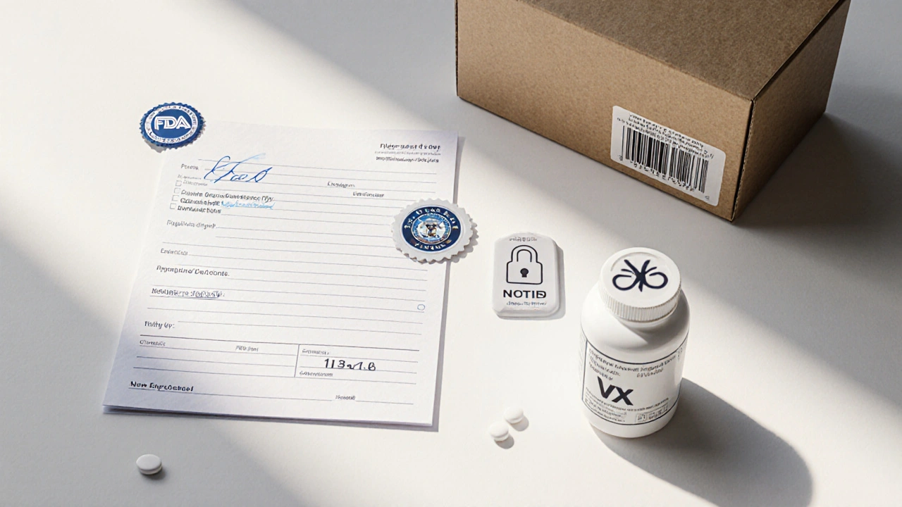 Flat‑lay of FDA badge, NABP seal, prescription pad, HTTPS lock icon, and discreet pill packaging representing a legitimate online pharmacy.