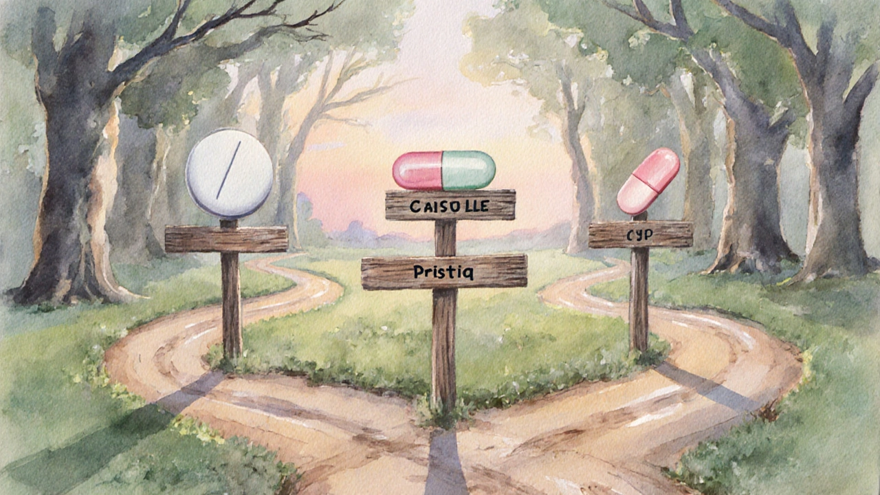 Forest crossroads with signposts topped by different pill shapes, symbolizing medication choices.