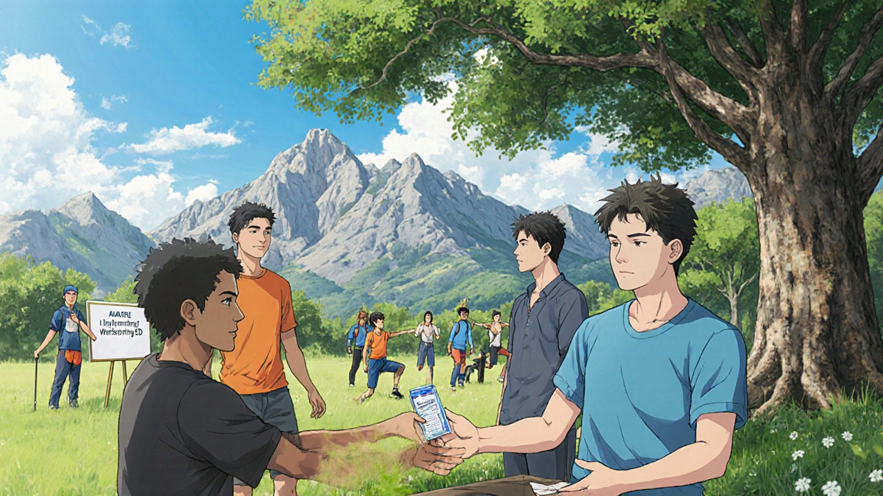 Group of men outdoors at retreat, sharing Avanafil during lunch break.