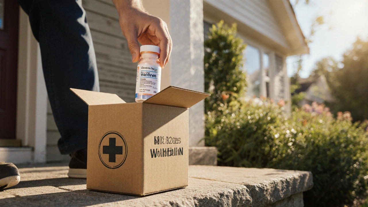 Hand pulling a generic warfarin bottle from a delivery box on a porch.