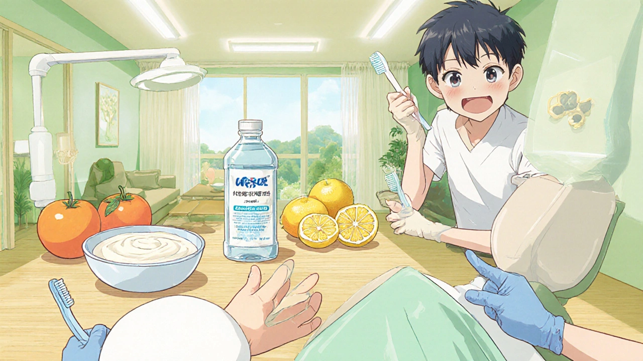 Healthy lifestyle scene with water, yogurt, citrus, mouthwash, toothbrush, and dentist.
