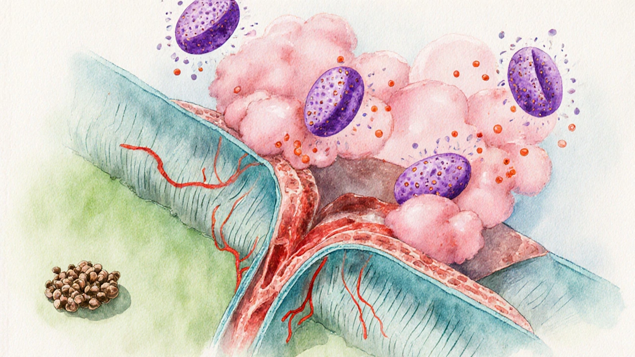 Illustration of pollen triggering mast cells, histamine release, eosinophils, and swelling in an airway.