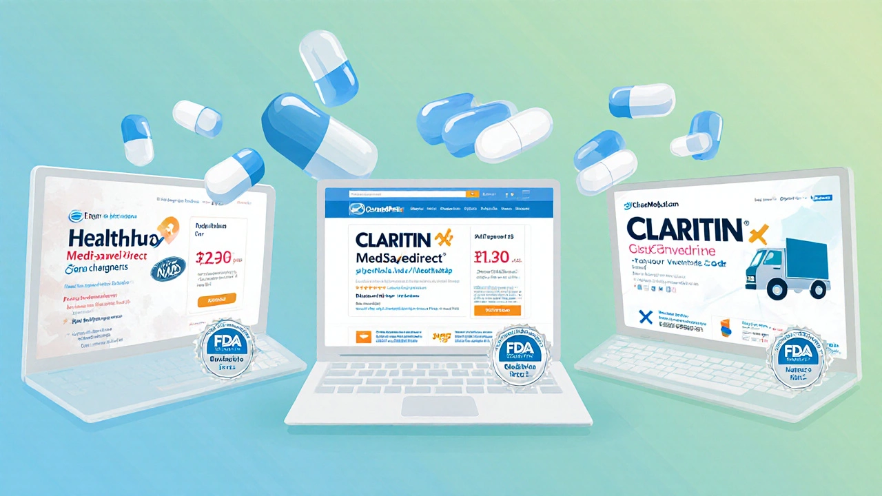 Illustration of three pharmacy websites showing prices, seals, and discount icons.