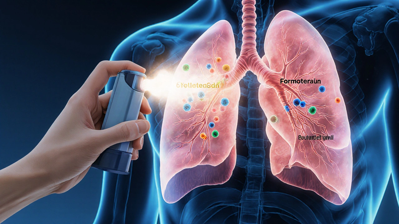Illustration shows inhaler mist entering lungs, with budesonide and formoterol particles calming inflammation and widening airways.