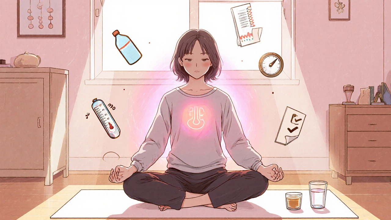 Individual performing gentle yoga at home with water, thermometer, and checklist symbols.