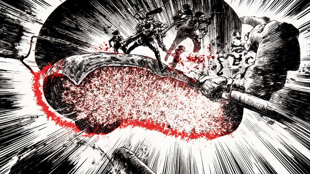 Manga-style kidney tubule battle with sodium and lithium ions, thiazide diuretics trapping lithium in glowing red cage.