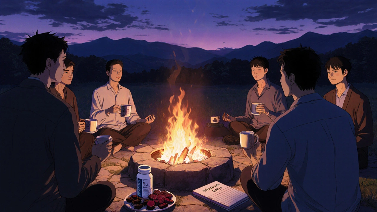 Men meditate by fire pit at night, Avanafil bottle glows nearby.