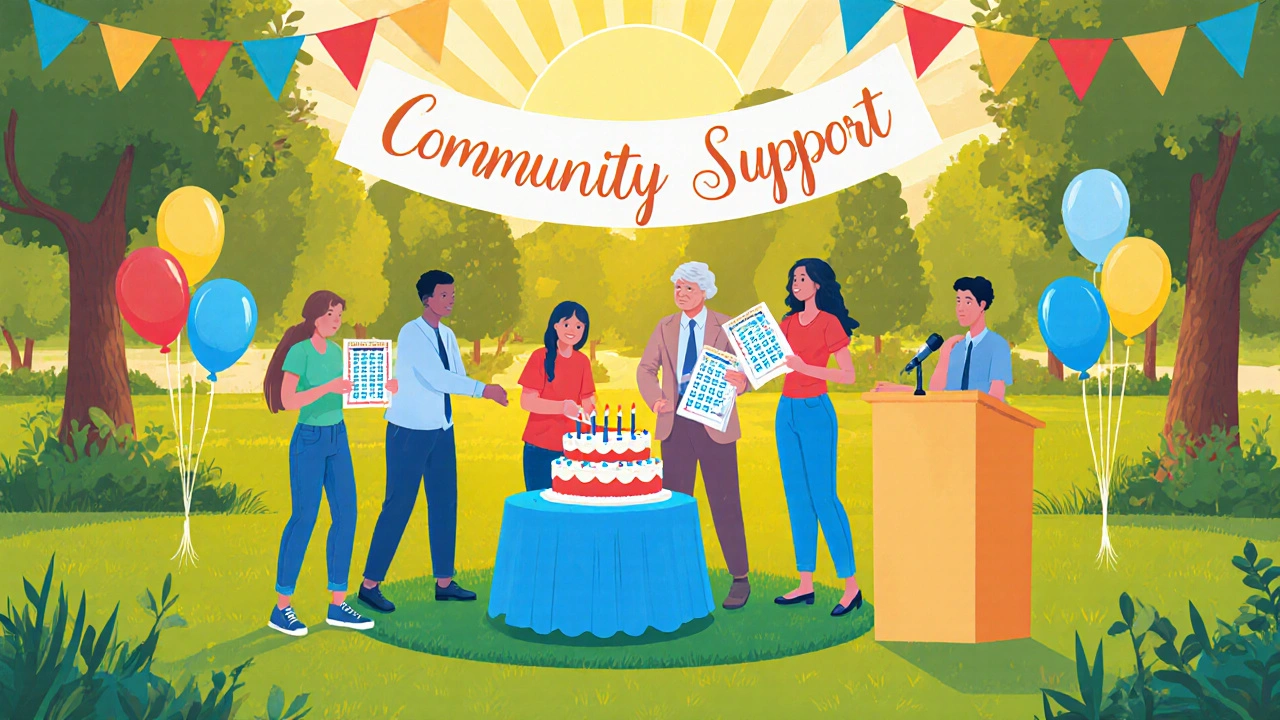 Outdoor birthday celebration for a sickle cell support group.
