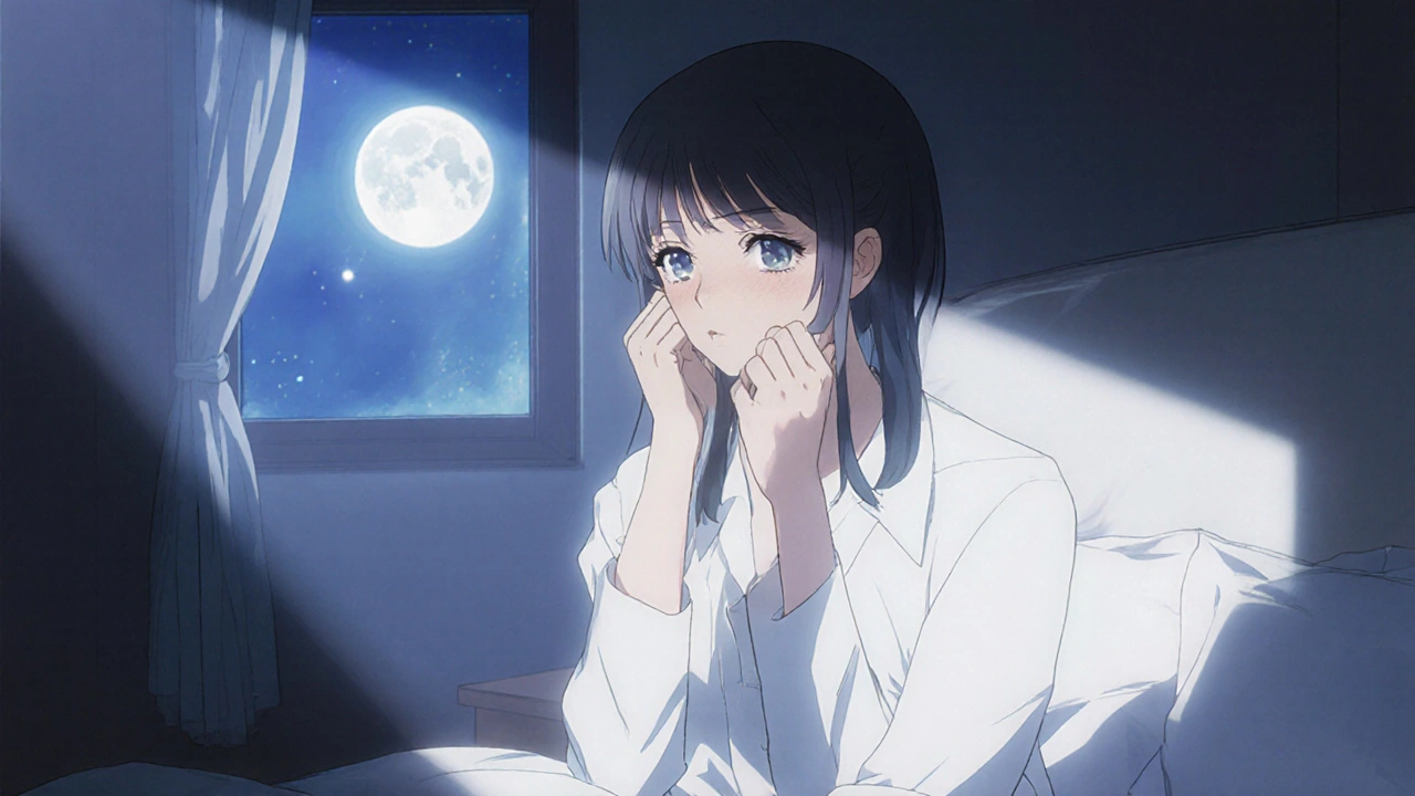 Patient applying a Latanoprost eye drop at night in a softly lit bedroom.