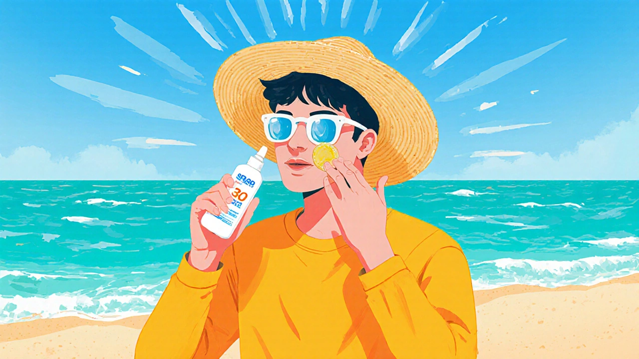 Person applying SPF30 sunscreen at the beach wearing hat, sunglasses, and UPF shirt.