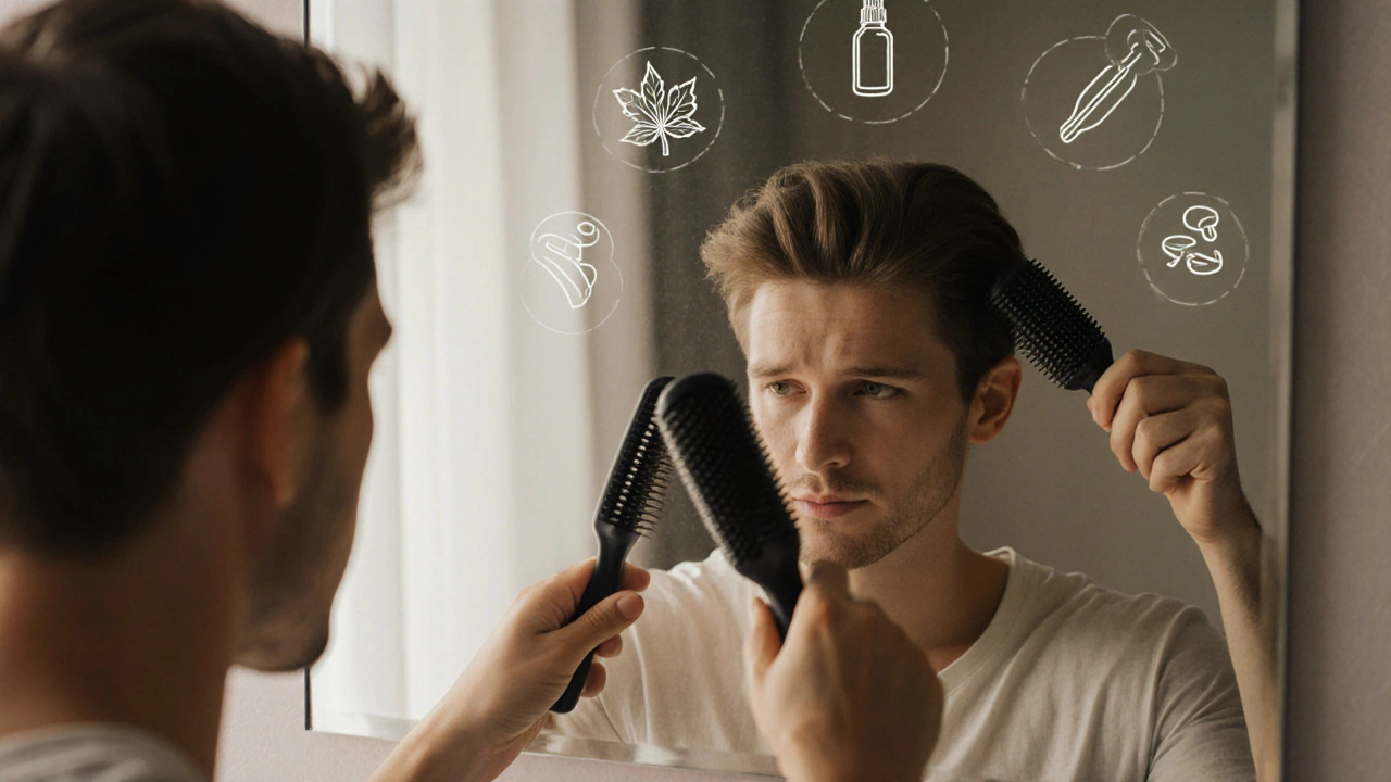 Person looking in mirror, half thin hair, half thicker, with subtle treatment icons.