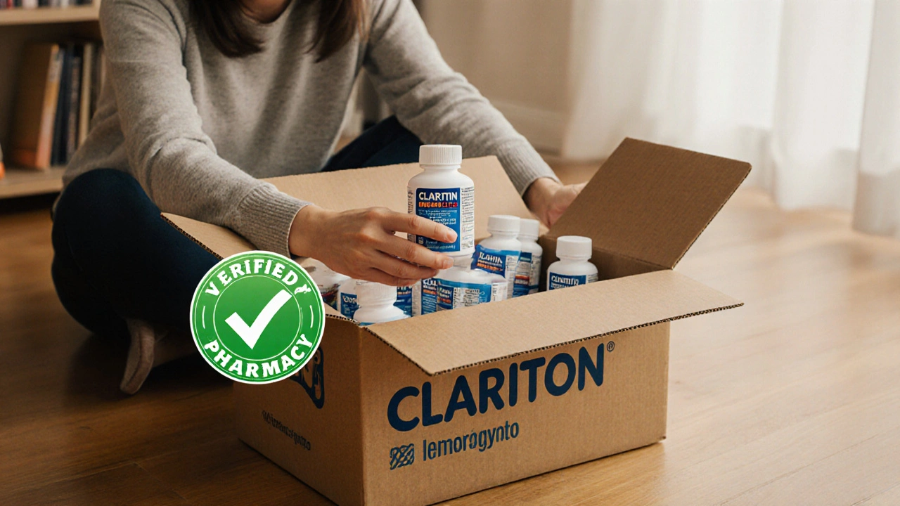 Person opening a delivery box revealing verified generic Claritin bottles.