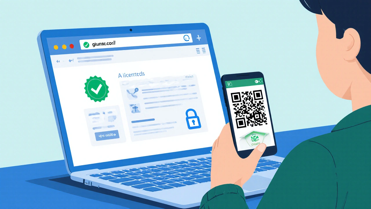 Person reviewing a secure pharmacy website on laptop with verification icons and scanning QR code.