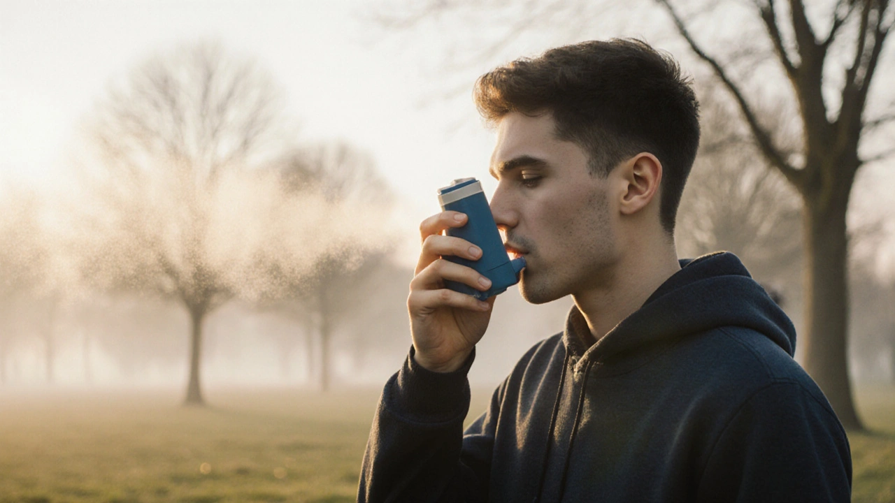 Person using a rescue inhaler outdoors, showing early intervention for asthma symptoms.