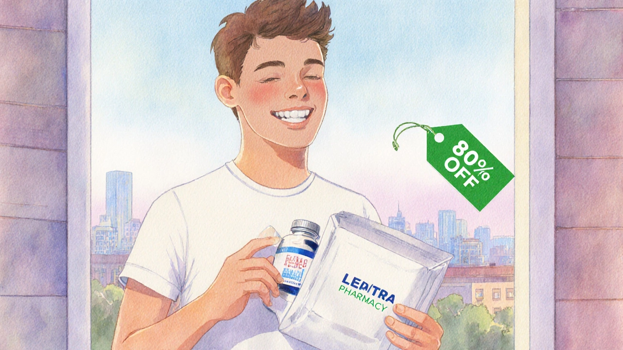 Smiling adult receiving a discreet white package with a pill bottle, symbolizing safe, affordable generic Levitra delivery.