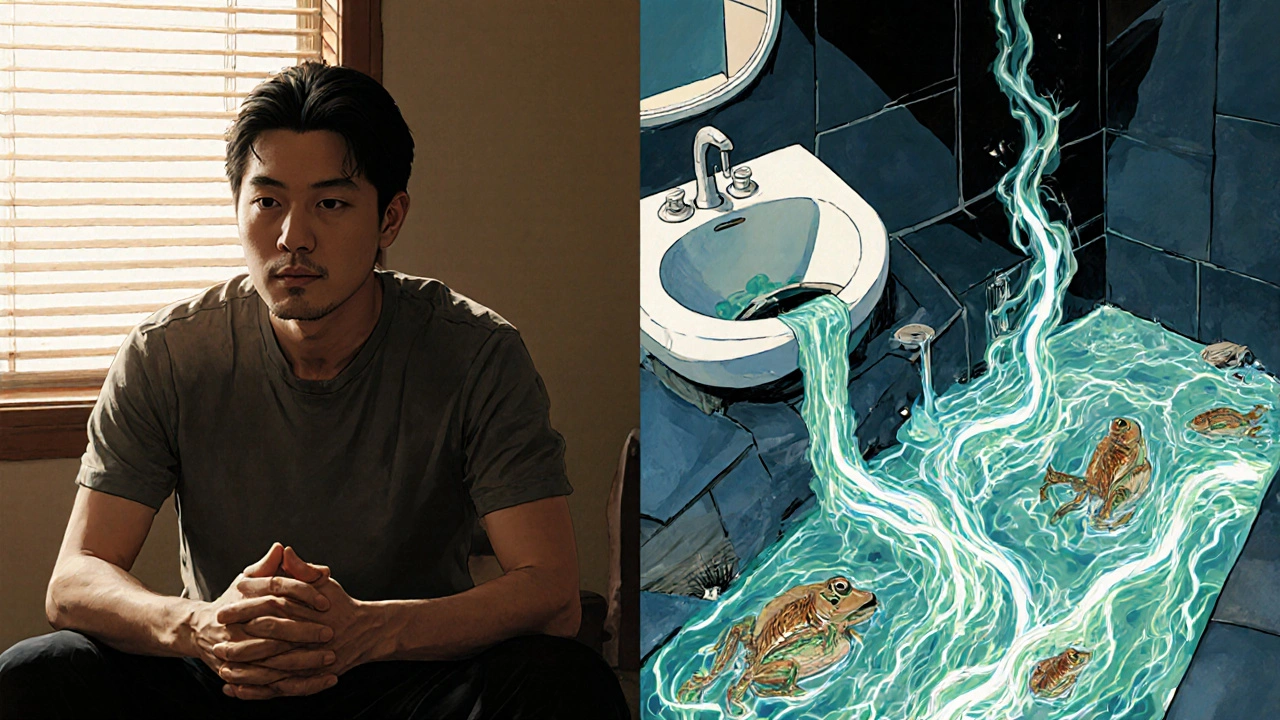 Split scene: man in therapy vs. man flushing pills into a drain turning into polluted river with dying wildlife.