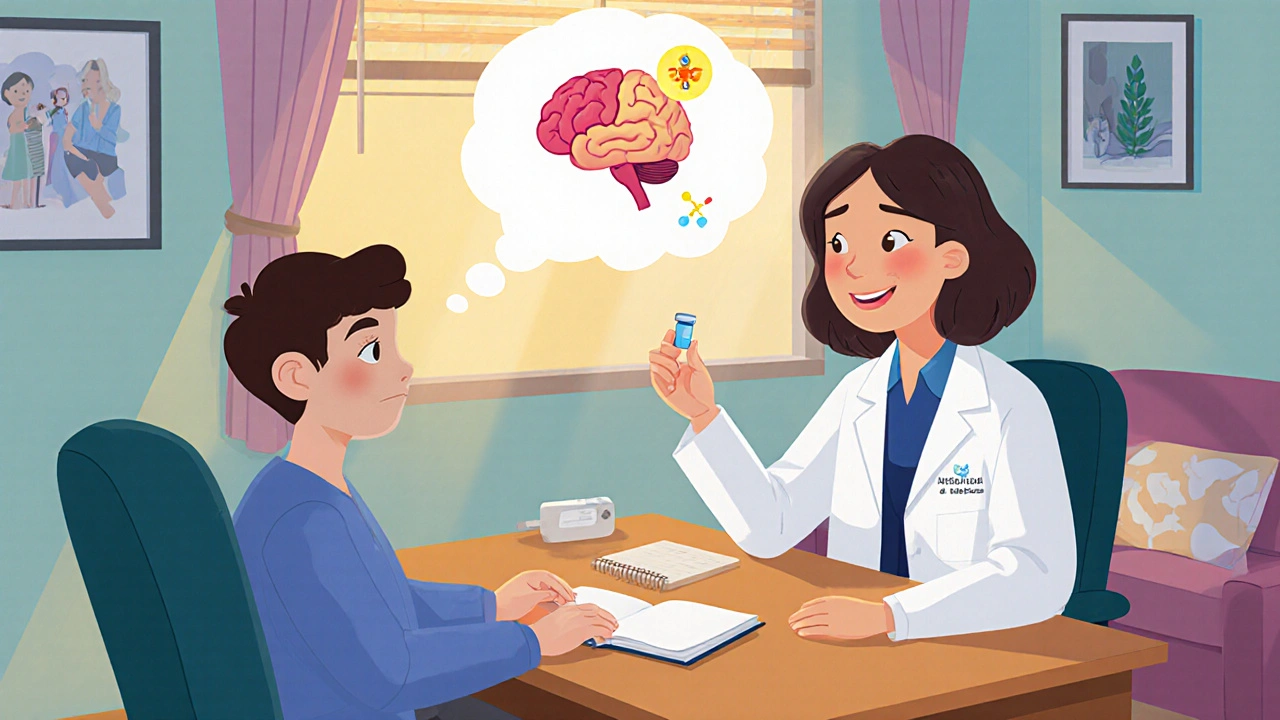 Therapist’s office with doctor showing aripiprazole tablet and a glowing cartoon brain.