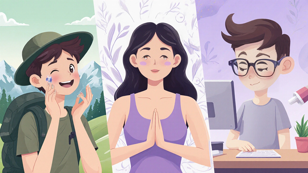 Three happy characters apply glowing serum, showing smooth skin in a pastel‑colored cartoon scene.