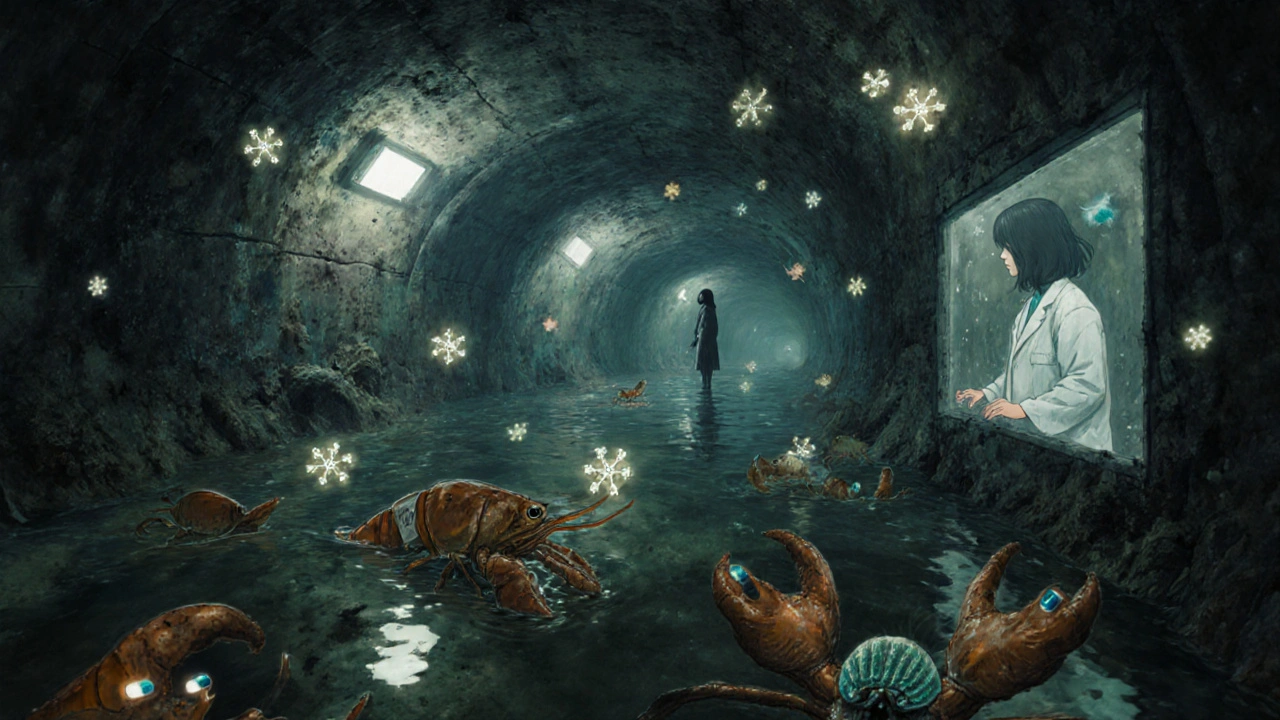 Underground tunnel with glowing drug molecules and mutated aquatic creatures under flickering lights.