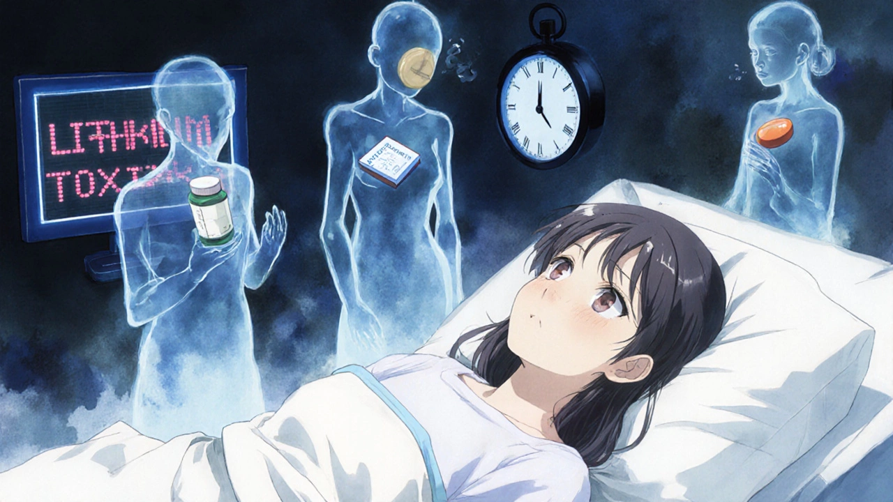 Woman in hospital bed overwhelmed by ghostly NSAID and diuretic spirits, monitor flashing 'LITHIUM TOXIC'.