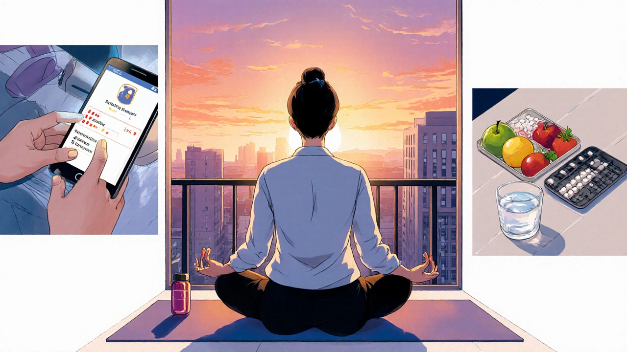 Yoga, medication reminder, blood test, and pillbox illustrate healthy habits.