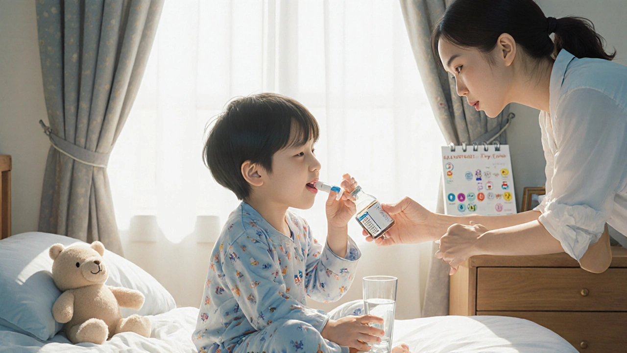 A child smiling after swallowing a tablet, with a new pill bottle placed beside an empty liquid bottle on a bedside table.