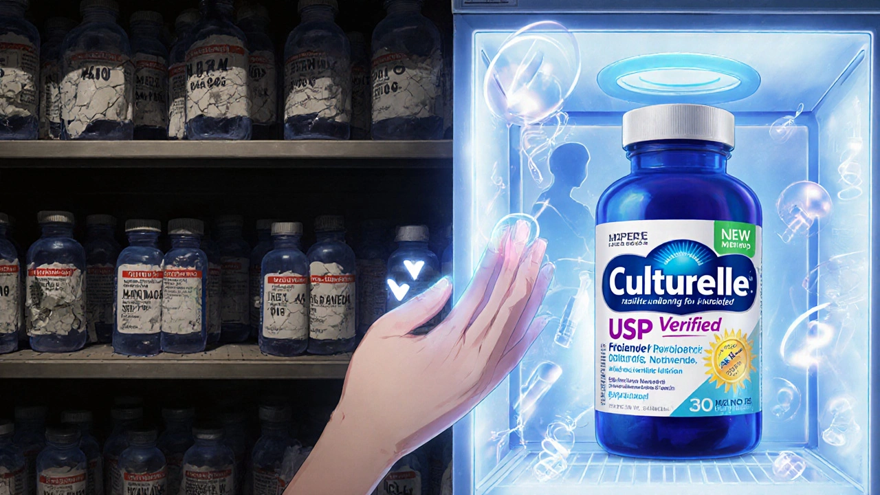 A comparison of low-quality and USP Verified probiotics, with one glowing bottle radiating health energy.