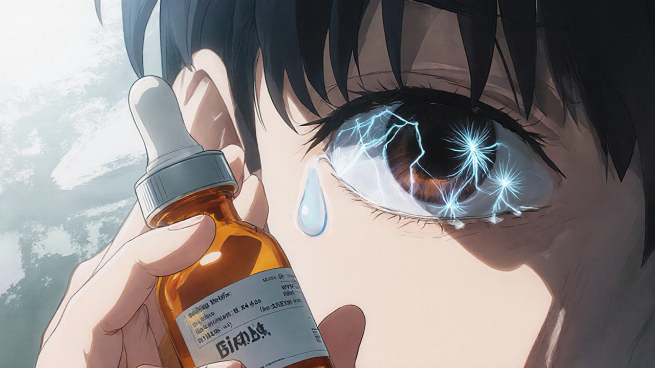 A dermatologist holding a Bimat bottle beside a patient’s eye, with ghostly lashes growing and iris pigmentation visible.