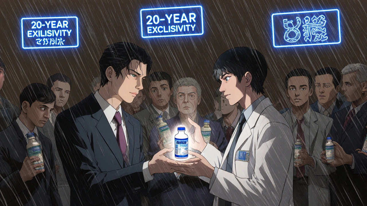 A doctor accepts a new drug pill as shadowy patients hold old bottles, rain falling around them with neon patent signs.