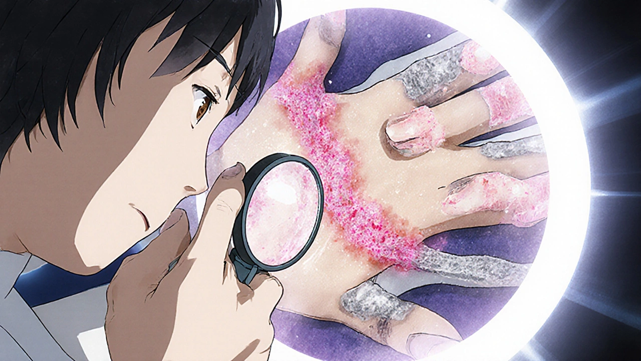 A doctor examining a hand with psoriasis and nail pitting, translucent cytokines attacking skin and joints.