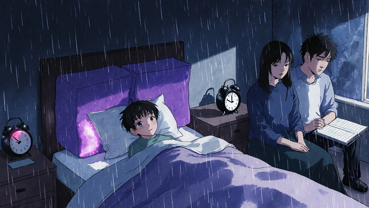 A family maintains a sleep safety routine with alarms, padding, and a sleep diary in a quiet bedroom.