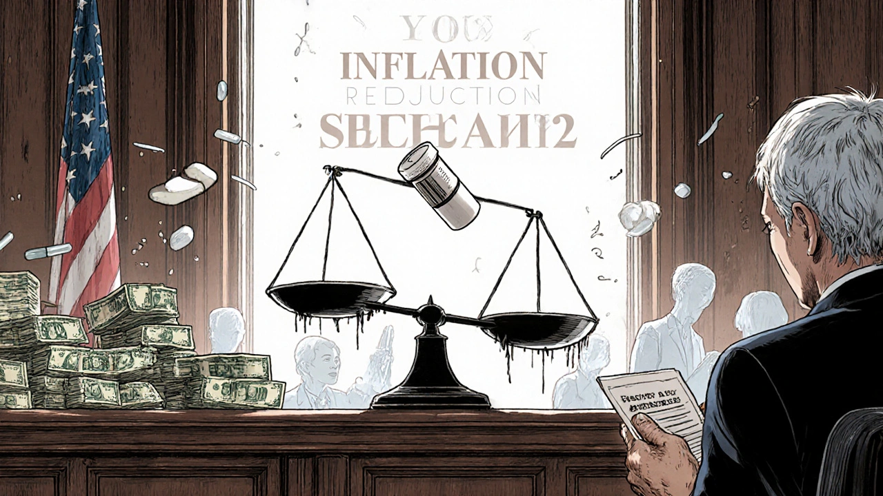 A generic pill floats in a courtroom scale tipping between money and a frail patient&#039;s hand, faint figures fading in background.