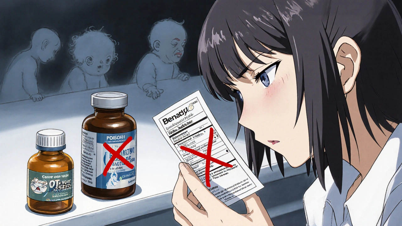 A mother examines an OTC medicine label, with a red X over Benadryl and ghostly images of sleepy babies in the background.
