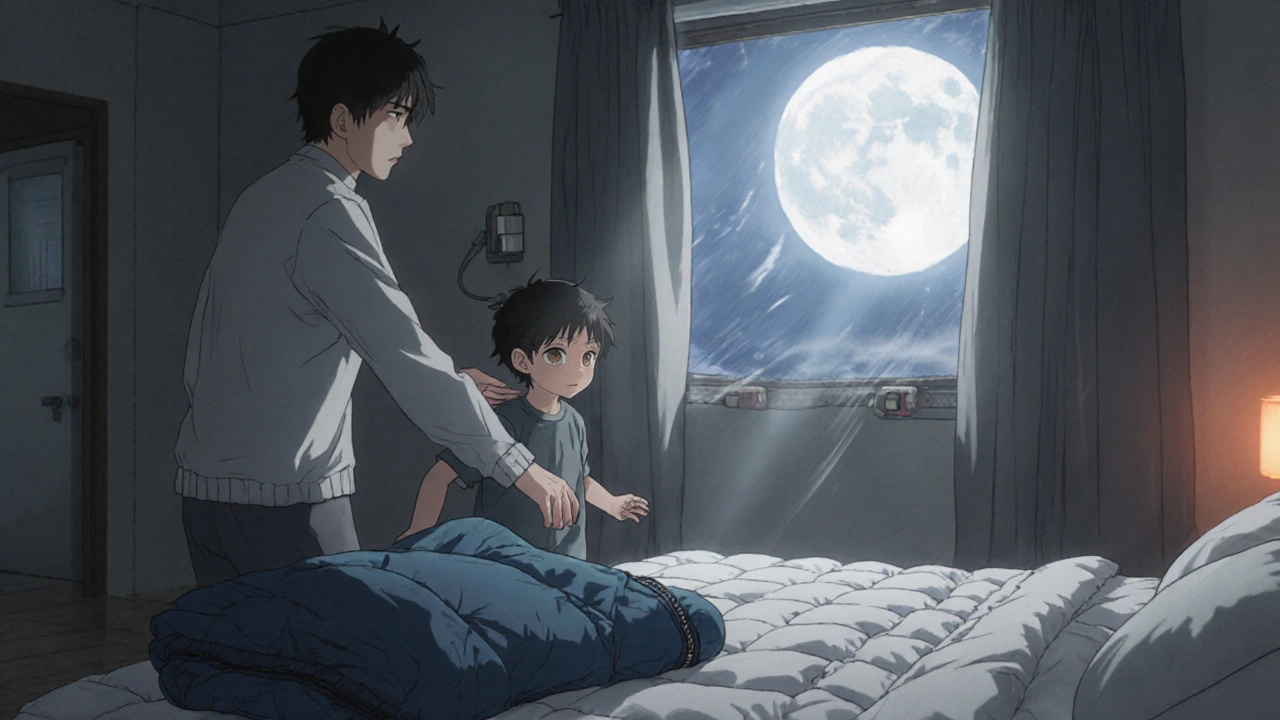 A parent gently guides a sleepwalking child back to bed in a hazard-free room under moonlight.