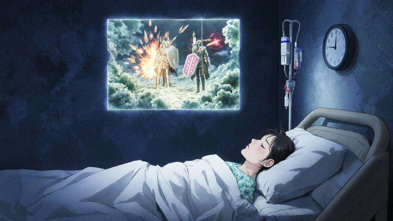 A patient sleeping as protective probiotic warriors defend their gut from antibiotic damage in a surreal hospital scene.