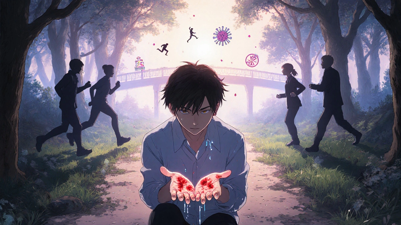 A person kneeling in dawn light, psoriatic plaques glowing as past self fades and healing path emerges ahead.