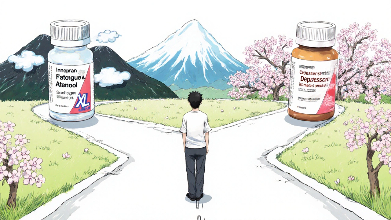 A person stands at a medical crossroads with three treatment paths symbolizing different medication options.